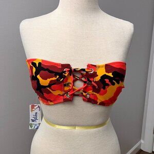 NWT MALIBU Dream Girl Orange Camo Eyelet Lace-up Bandeau Bikini top Sz M